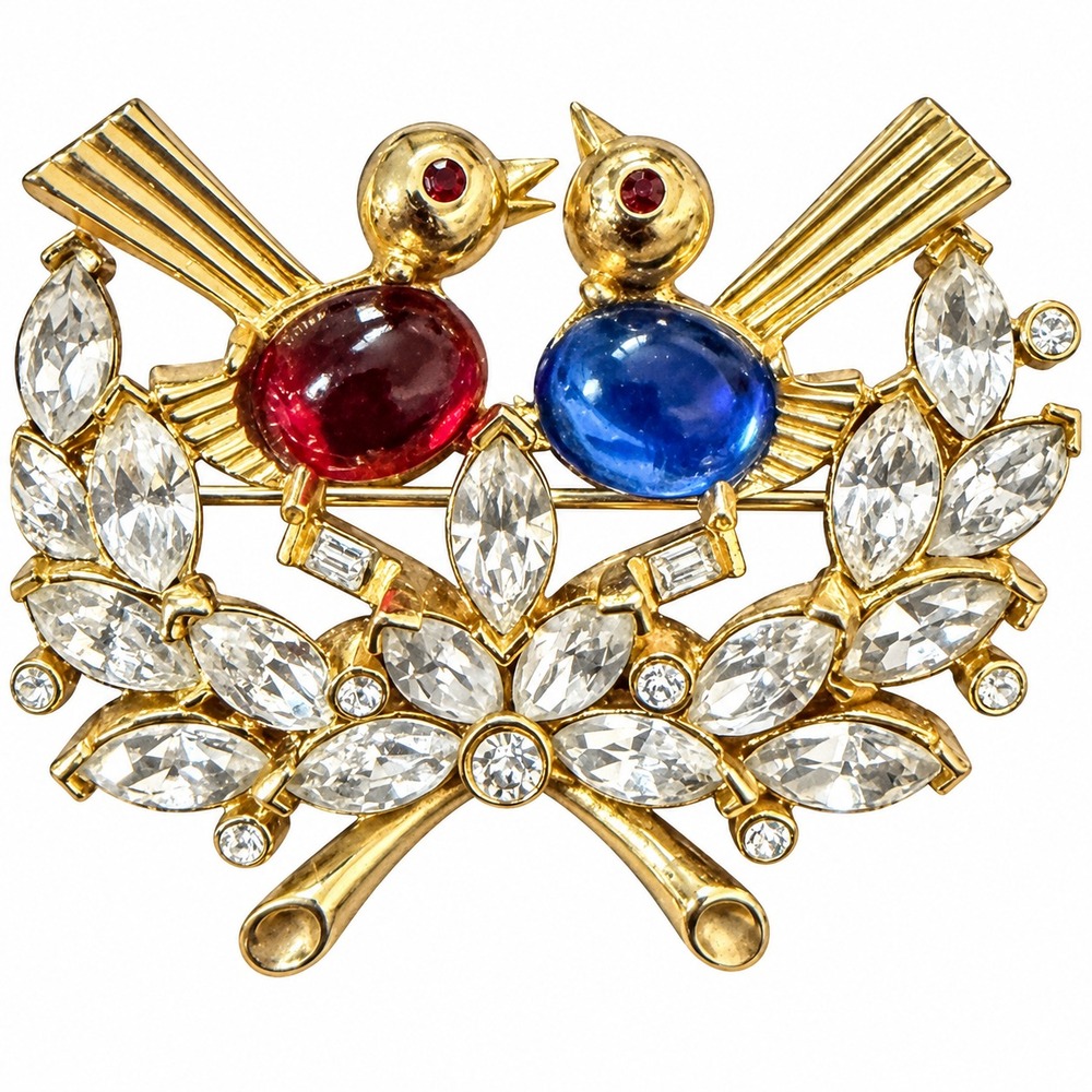 Best Gold Tone Lovebirds Brooch Blue Red Jelly Belly Rhinestone Pin VTG SKUJ146